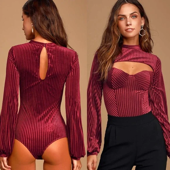 LULUS Always Alluring Burgundy Striped Velvet Cutout Bustier Bodysuit XS - Picture 1 of 12